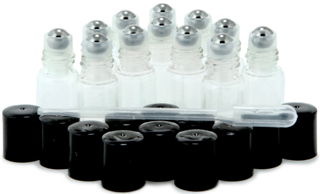 , 12, Clear, 3 ml Glass Roll-on Bottles with Stainless Steel Roller Balls - Dropper included