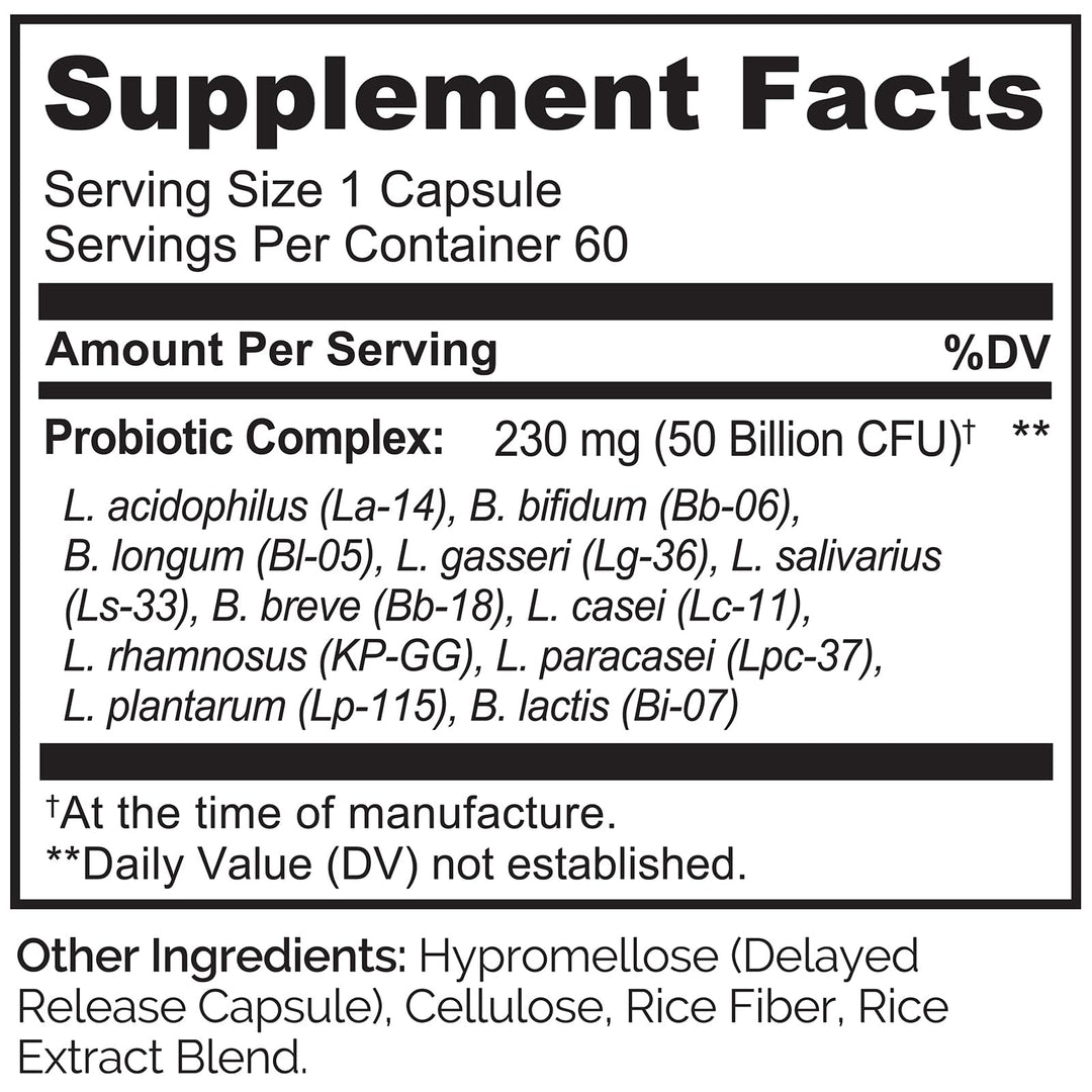 Probiotics for Digestive Health - 50 Billion CFU, 11 Strains Daily Supplement - Boosts Immune System, Delayed Release, 60 Vegetarian Capsules