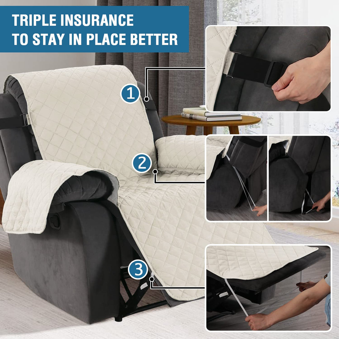 Reversible Quilted Recliner Covers Recliner Chair Cover Water Resistant Furniture Protector Washable Couch Cover with Elastic Straps for Kids, Pets (Recliner, Ivory/Beige)