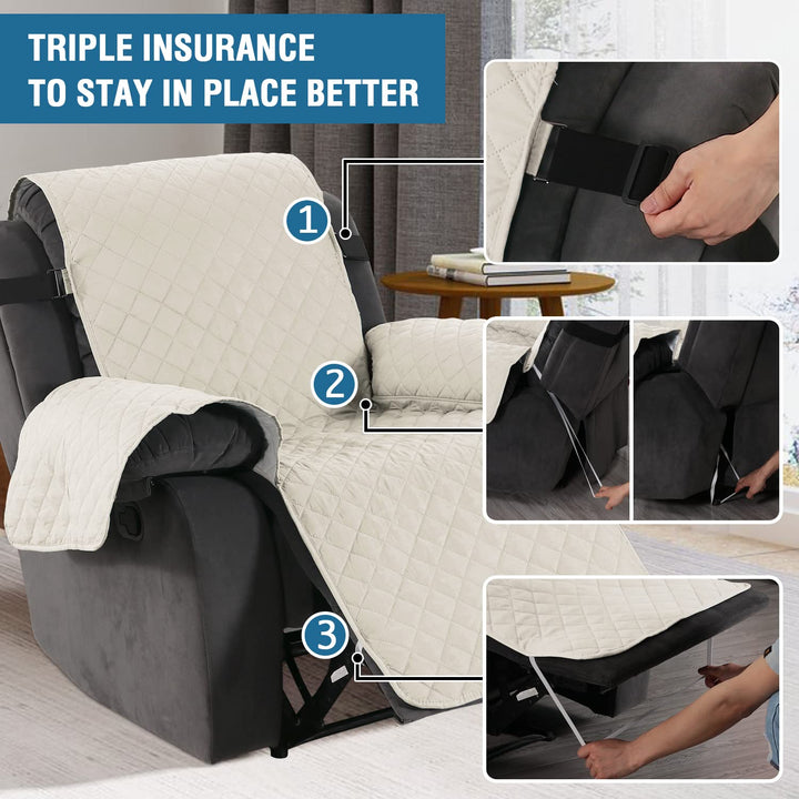 Reversible Quilted Recliner Covers Recliner Chair Cover Water Resistant Furniture Protector Washable Couch Cover with Elastic Straps for Kids, Pets (Recliner, Ivory/Beige)