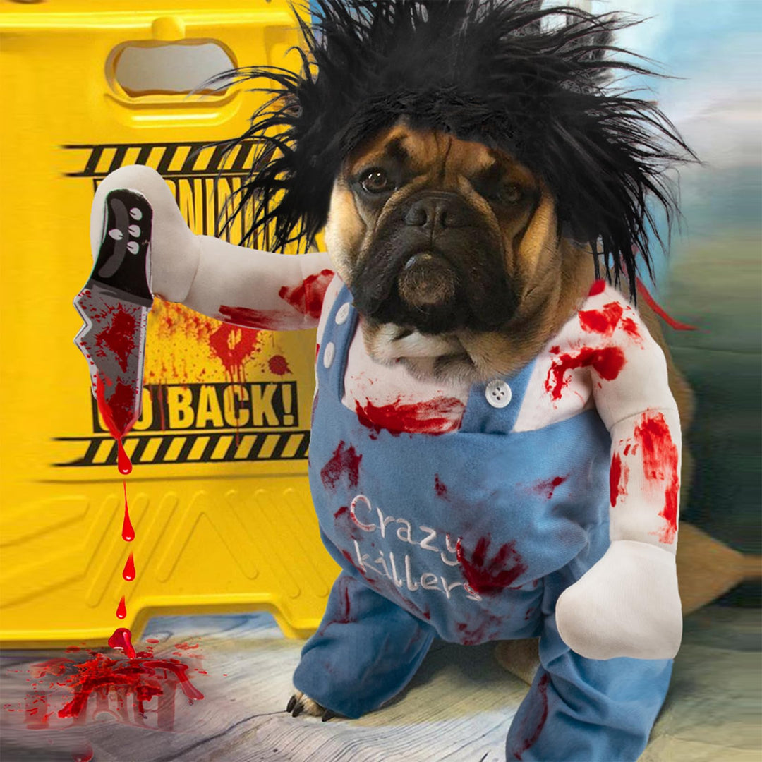 Deadly Dog Clothes Dog Halloween Costume Pet Deadly Dog Costume, Adjustable Dog Cosplay Costume Funny Doll Wig Pug Dog Party Clothes Christmas Dog Deadly Costume with Blood Knife Medium