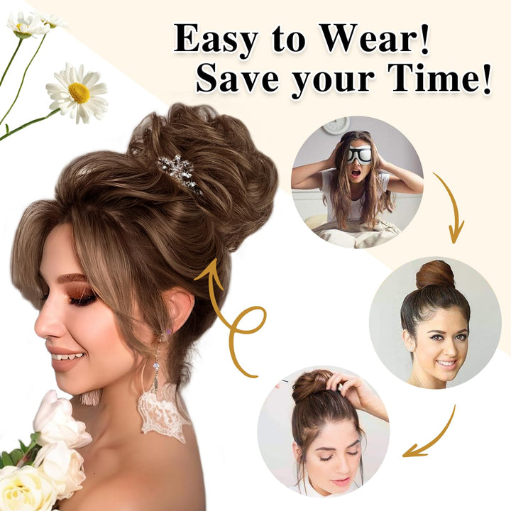 1PCS Messy Hair Bun Hair Scrunchies Extension Curly Wavy Messy Synthetic Chignon for Women (4#(Darkest Brown Tend to Black))