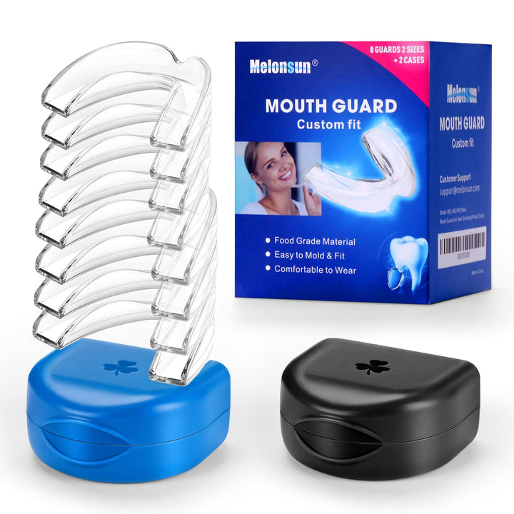 Pack of 8 Moldable Mouth Guards for Teeth Grinding, Night Guard for Teeth Grinding, Including 4 Regular & 4 Bigger Guards- Stops Bruxism, TMJ, Teeth Whitening Tray & Sports(8 Pack & 2 Hygiene Cases)