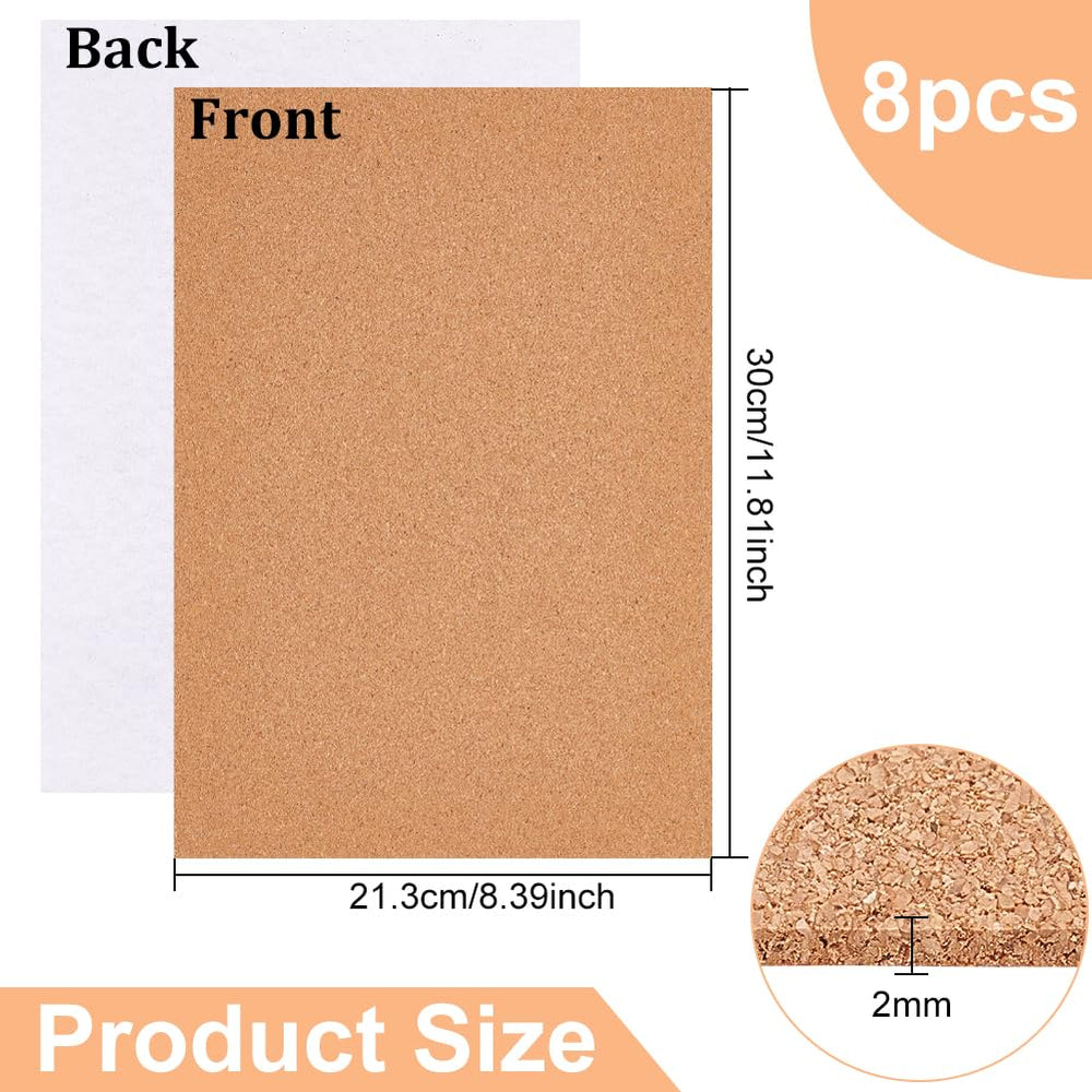 8 Pack 8.3 x 11.8 Self-Adhesive A4 Size Cork Sheets(2mm Thick) Rectangle Insulation Cork Backing Sheets for Coaster, Wall Decoration, Wedding Party DIY Crafts Supplies