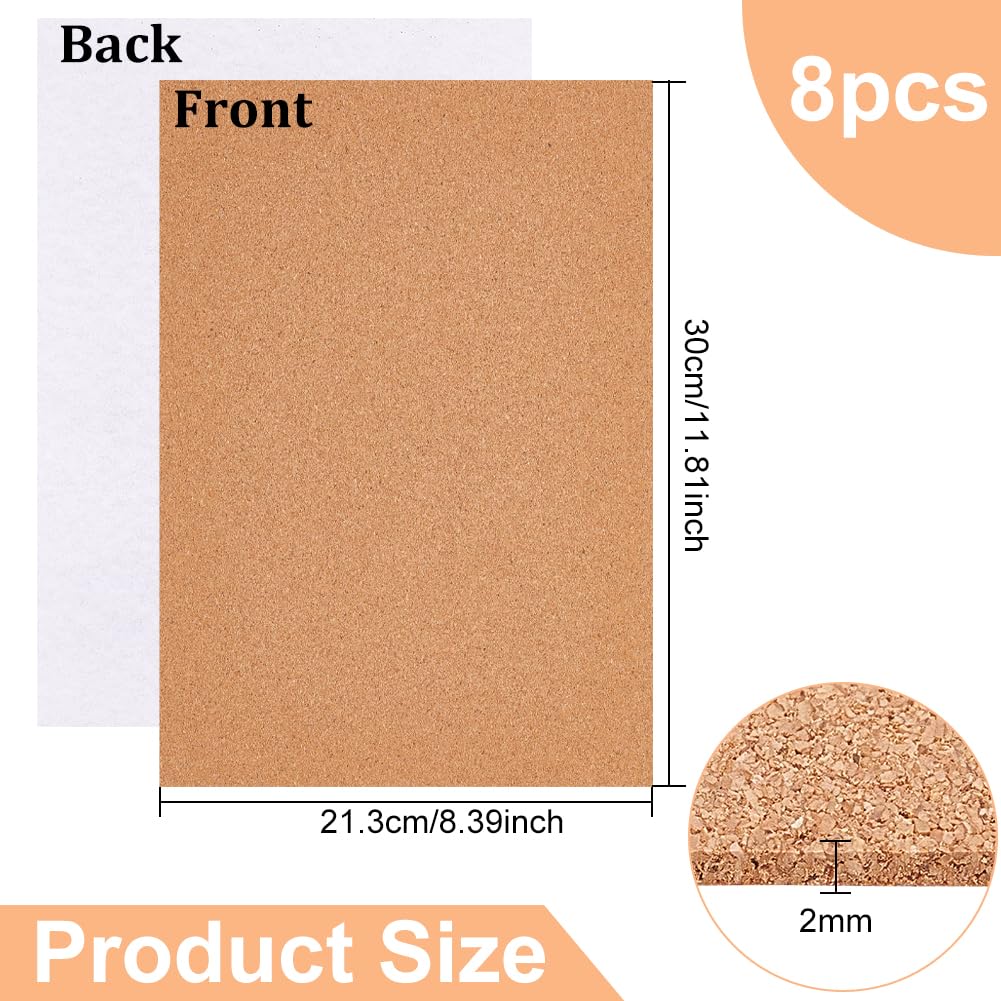 8 Pack 8.3 x 11.8 Self-Adhesive A4 Size Cork Sheets(2mm Thick) Rectangle Insulation Cork Backing Sheets for Coaster, Wall Decoration, Wedding Party DIY Crafts Supplies