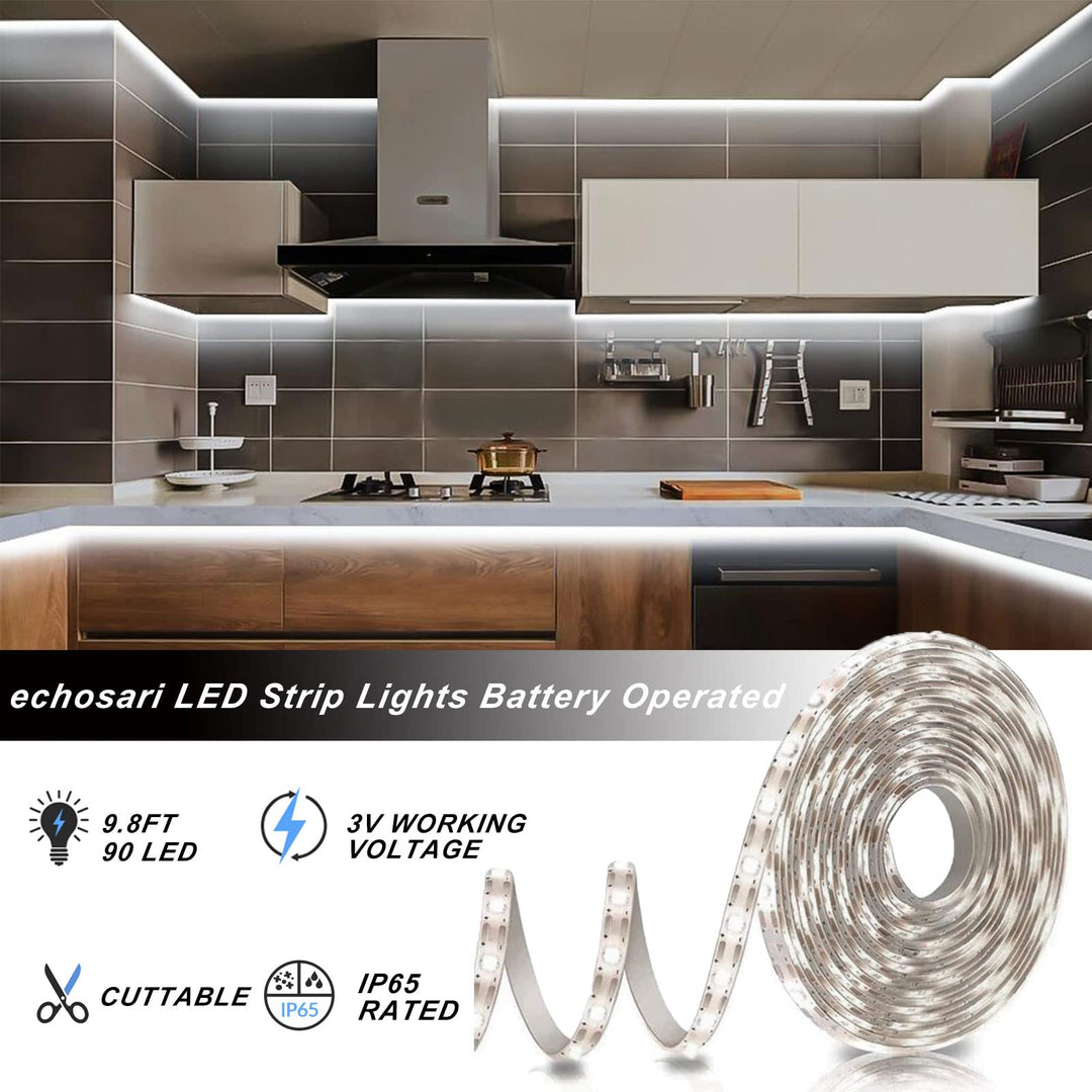 Battery Operated Led Strip Lights White with Remote, 8 Modes, Dimmable, Timer, Self-Adhesive, Cuttable, for PC TV Kitchen Cabinet Shelves Bedroom Decor (3m 90LED)