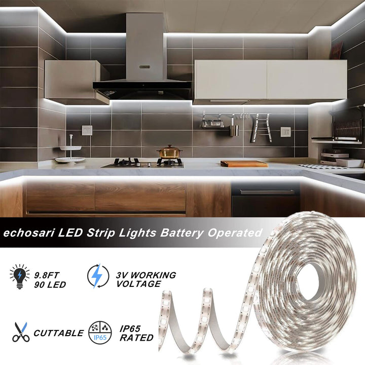 Battery Operated Led Strip Lights White with Remote, 8 Modes, Dimmable, Timer, Self-Adhesive, Cuttable, for PC TV Kitchen Cabinet Shelves Bedroom Decor (3m 90LED)