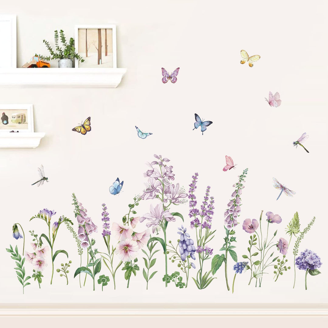 Purple Lavender Flowers Wall Corner Stickers Garden Floral Butterflies Baseboard Skirting Line Wall Decals for Living Room Bedroom (W:57 inches)