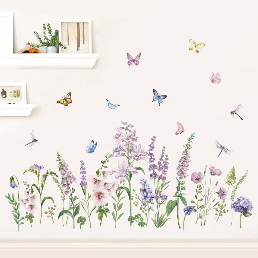 Purple Lavender Flowers Wall Corner Stickers Garden Floral Butterflies Baseboard Skirting Line Wall Decals for Living Room Bedroom (W:57 inches)