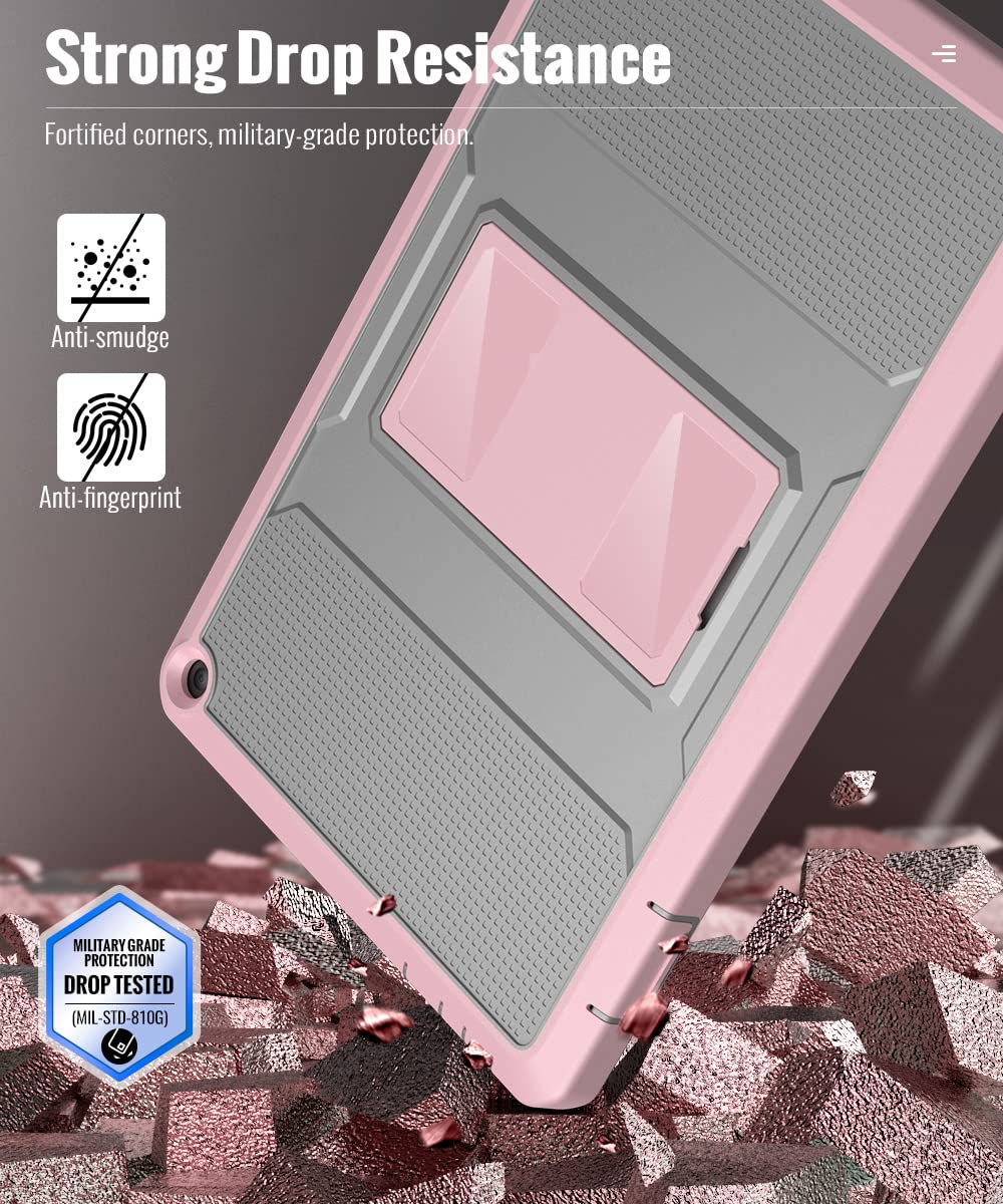 Case Fits All-New Kindle Fire HD 10 & 10 Plus Tablet (11th Generation, 2021 Release) 10.1, Full Body Rugged Hands-Free Viewing Stand Back Cover with Screen Protector, Gray&Pink