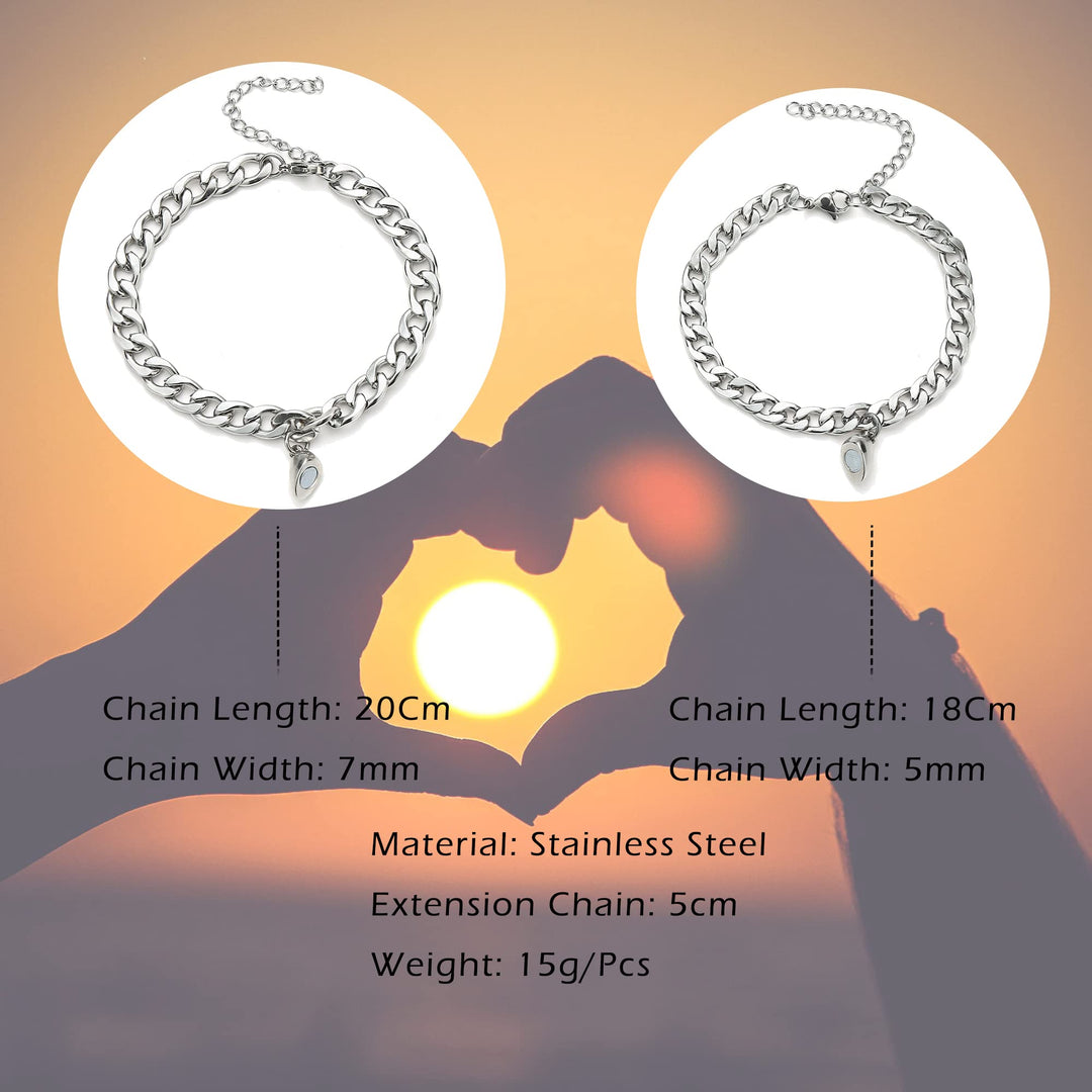 2 Pcs Bracelets for Couples Stainless Steel Cuban Chain Couples Bracelets Matching Bracelets for Couples Peach Heart Bracelet for Boyfriend and Girlfriend