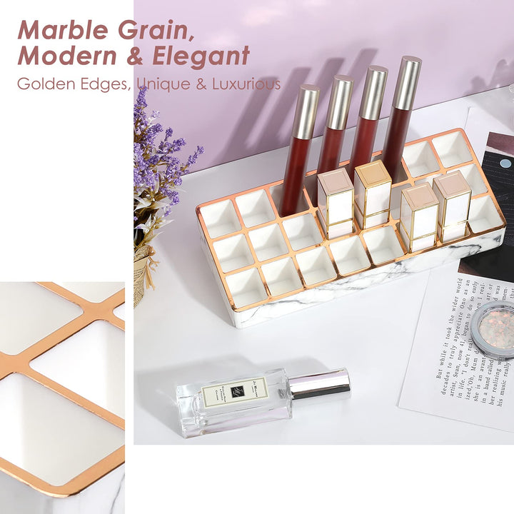 Lipstick Holder, 24 Slots Marble Lipstick Organizer Display Stand with Unique Gold-stamping Edges, Cosmetics Storage Display Case for Lipstick, Lip Gloss, Brushes, White Marble (P723314097671)