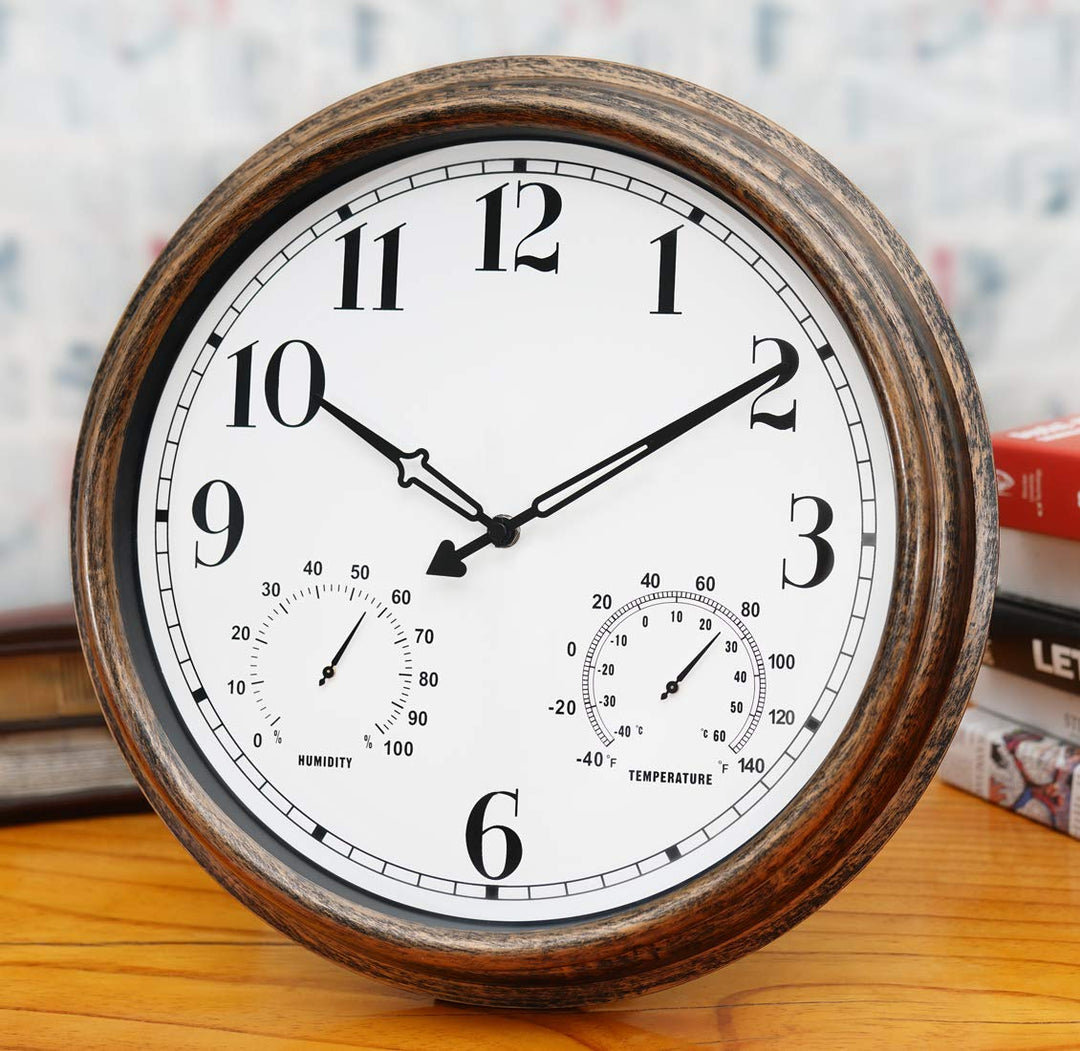 16 Inch Large Indoor Outdoor Wall Clock,Waterproof Non-Ticking Clock with Thermometer and Hygrometer Combo,Battery Operated Clock Wall Decorative-Bronze