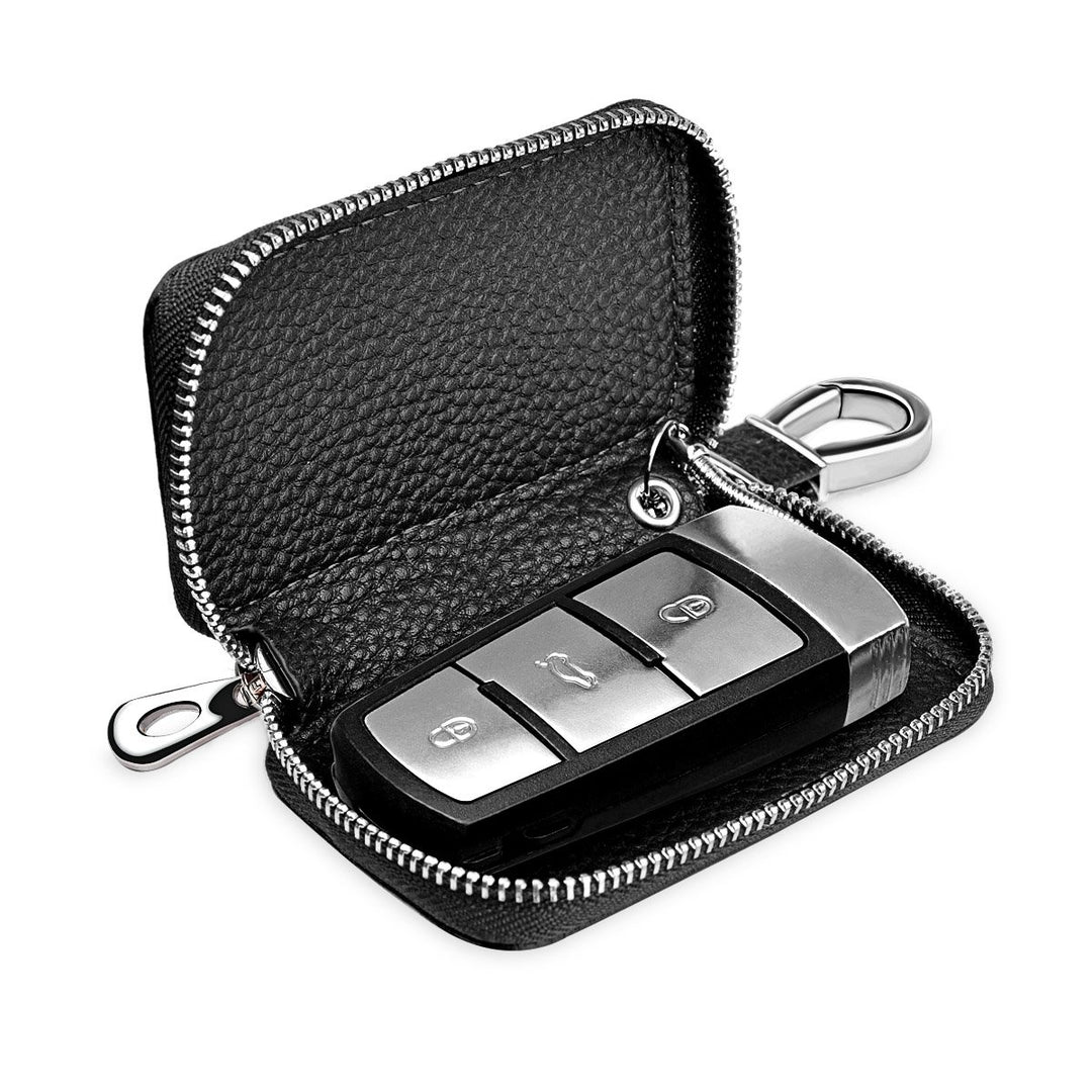 Car Key case,Genuine Leather Car Key Chain Keychain Holder Metal Hook and Keyring Zipper Bag for Remote Key Fob - Black