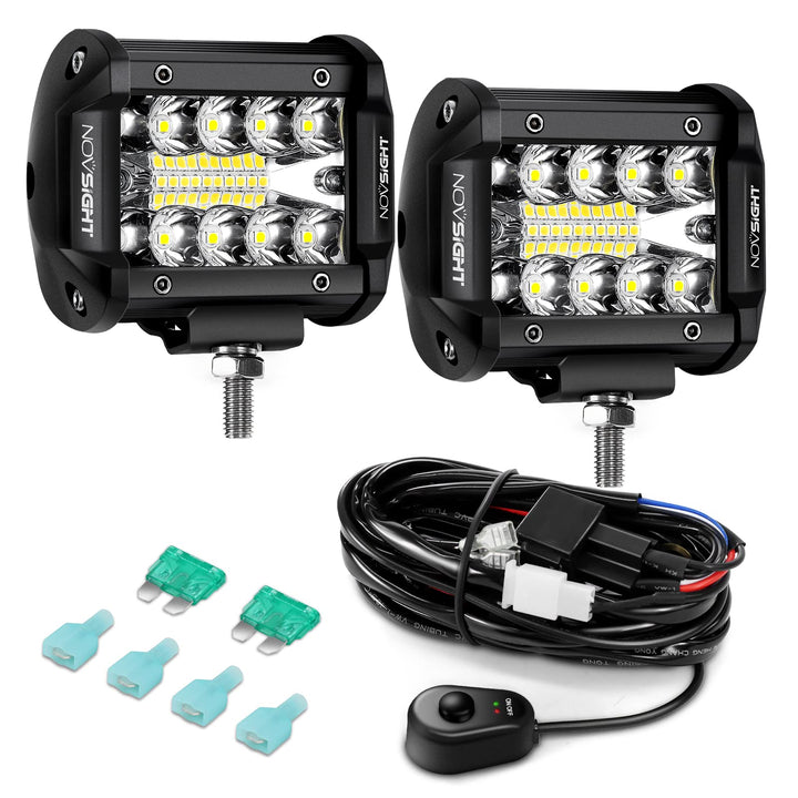 4 Inch Led Pod Light Bar with 14 AWG Wiring Harness 12800 Lumens 120W Off Road Lights Spot Flood Combo Triple Row Super Bright IP68 Waterproof for Golf Cart Jeep ATV UTV, 2 Years Warranty