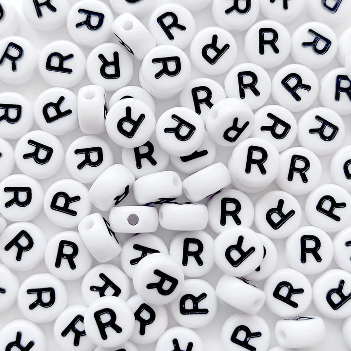 100 PCS Letter Beads White Round Acrylic Alphabet Beads Letter R Beads for Jewelry Making Bracelets Necklaces Key Chains DIY 4X7 mm