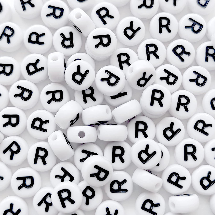 100 PCS Letter Beads White Round Acrylic Alphabet Beads Letter R Beads for Jewelry Making Bracelets Necklaces Key Chains DIY 4X7 mm