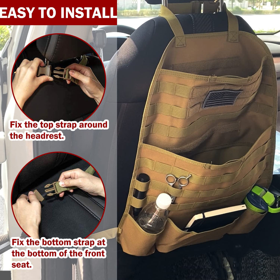 Car Seat Back Organizer, Universal Tactical Molle Vehicle Panel Cover Protector with Multiple Pockets for Truck SUV MPV Saloon Van(Single-Black)