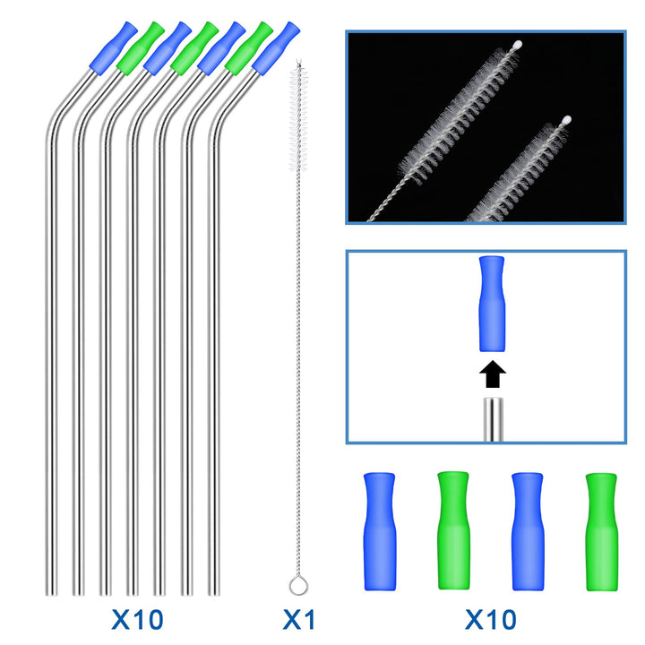 10 Pieces 14 Inch Stainless Steel Straw Extra Long Reusable Bent Straw for 100 oz Tumblers with 10 Silicone Tips and 1 Cleaning Brush for Tall Cups, Wide Insulated Travel Mug(Silver)
