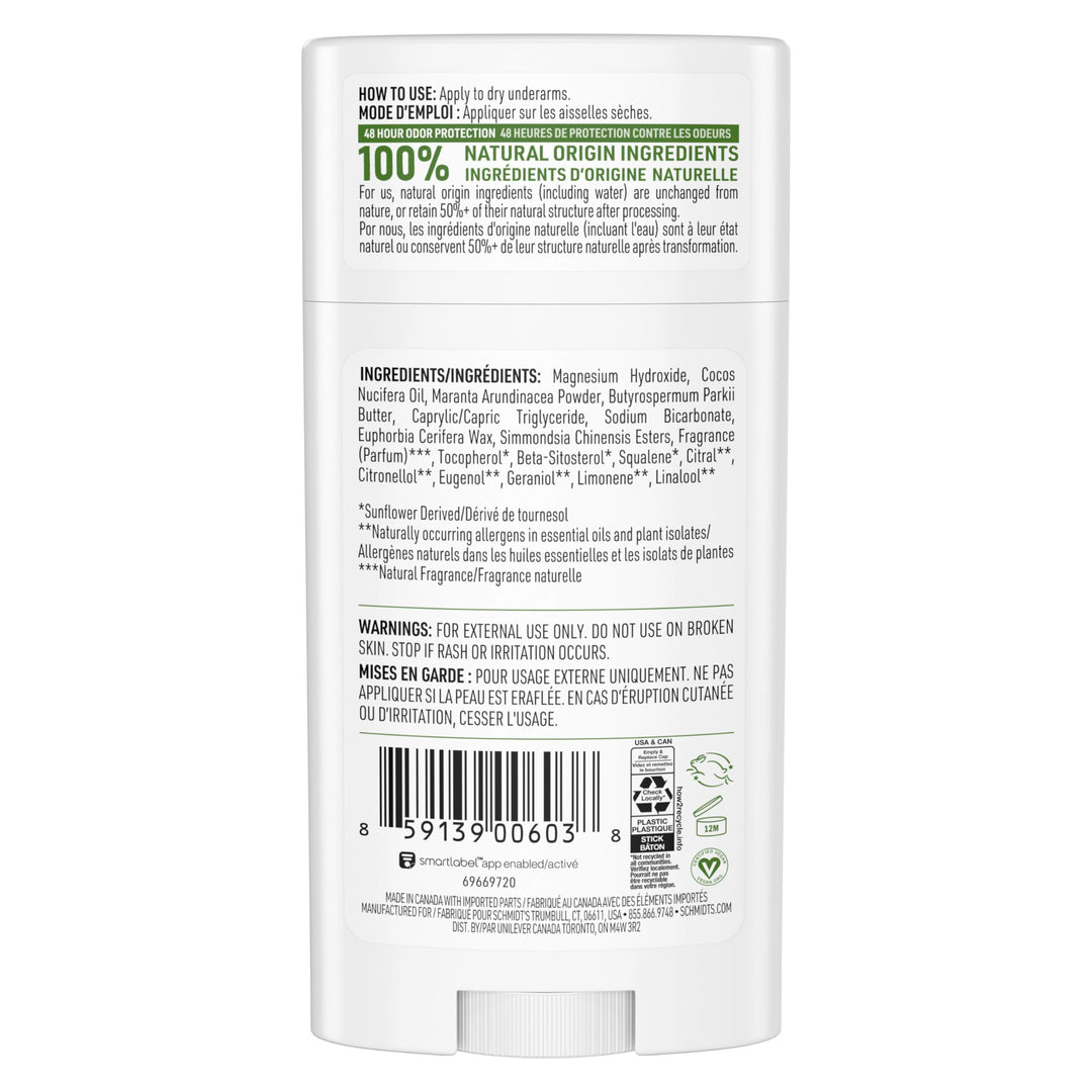 SCHMIDTS DEODORANT Bergomot Lime Deodorant Stick, 2.65 OZ