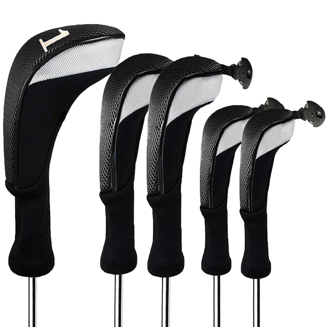 Golf Club Head Covers Woods Driver Fairway Hybrid 3/4/5 Set, Headcovers Men 1 3 5 7 X Interchangeable Number Tag, Fit All Wood Clubs (5 Pack-Black(1D+2F+2H))