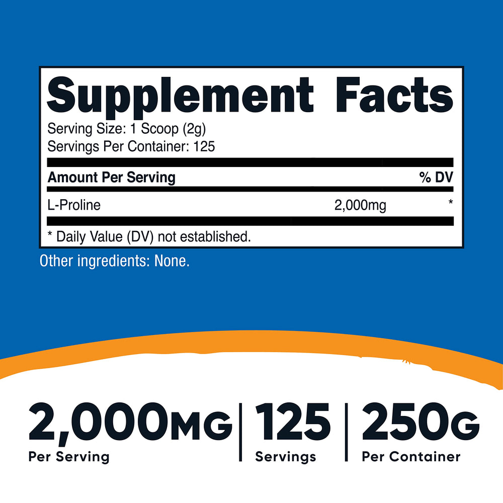 L-Proline Powder 250 Grams - 2,000mg Per Serving, Non-GMO