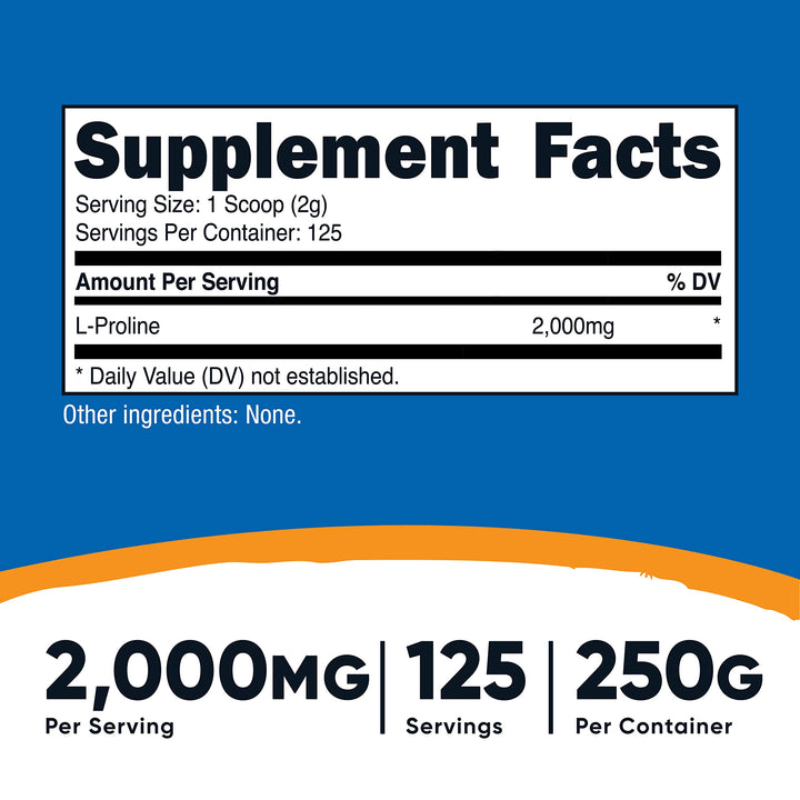 L-Proline Powder 250 Grams - 2,000mg Per Serving, Non-GMO
