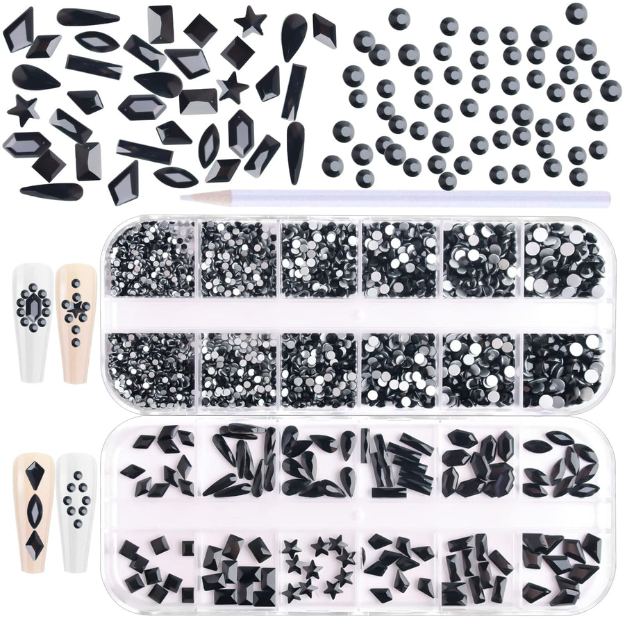 2 Box Flat Back Jet Black Nail Rhinestones Crystals Set Glass Rhinestones Gems For Nails Nail Jewelry Fake Diamonds Nail Charms For Women DIY Crafts Clothes Shoes Jewelry Big Nail Stones
