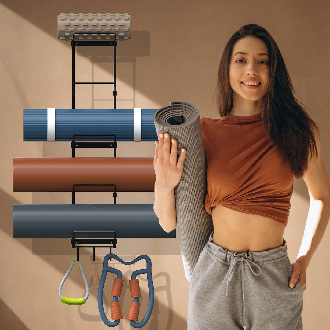 Yoga Mat Rack Wall Mount, Yoga Mat Holder Wall Mount, Yoga Mat Storage for Foam Roller and Yoga Brick, with 3 Hooks for Hanging Yoga Strap and Resistance Bands, Home Gym Decor, Gym Organization(Black)