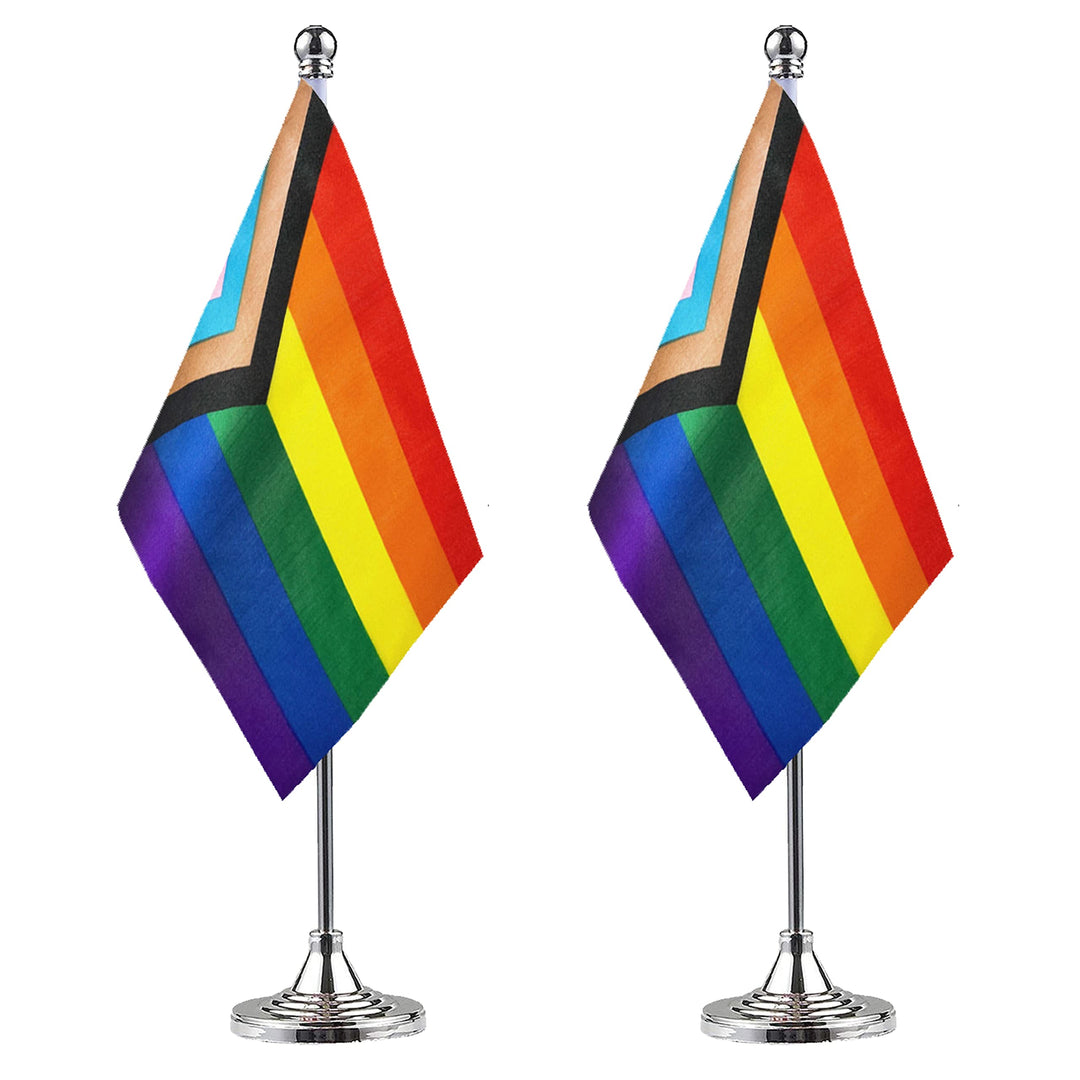 2 Pack Progress Pride Rainbow flag Gay table flag,Small Mini LGBT Desk Flags With Stand Base,American Rainbow Mardi Gras Party Decorations Supplies