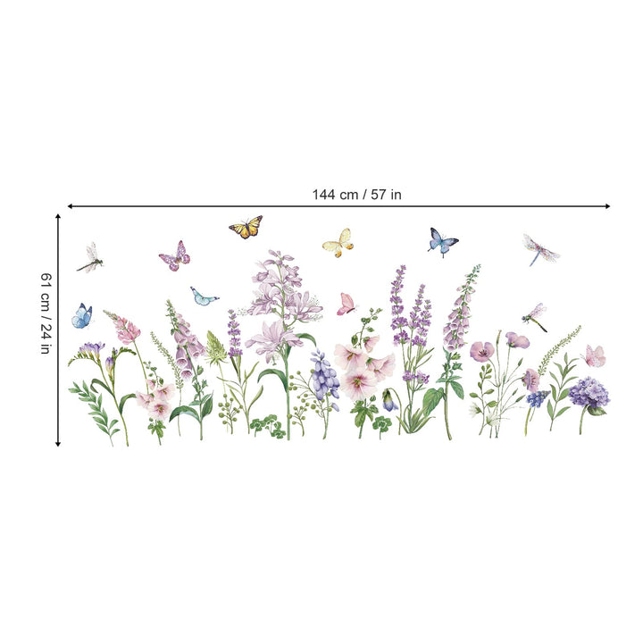 Purple Lavender Flowers Wall Corner Stickers Garden Floral Butterflies Baseboard Skirting Line Wall Decals for Living Room Bedroom (W:57 inches)