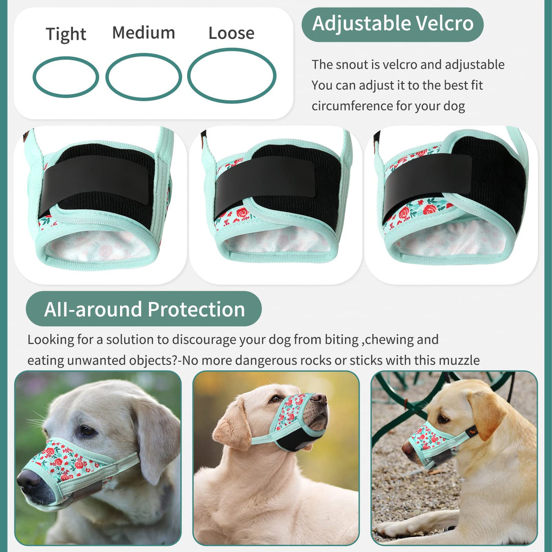Dog Muzzle,Soft Nylon Print Muzzle Air Mesh Breathable Adjustable Loop Pattern Pets Muzzles for Small Medium Large Dogs,Stop Biting Barking and Chewing Cyan Flower X-Small
