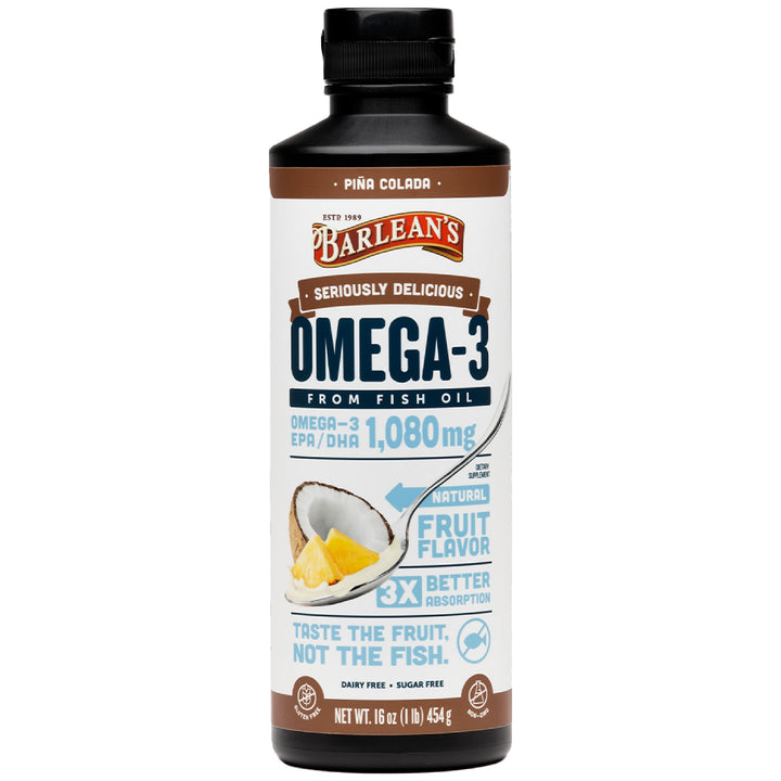 Barlean's Omega 3 Fish Oil Liquid Supplement with Vitamin D, Pina Colada, 1080mg EPA and DHA Fatty Acid, 16 oz