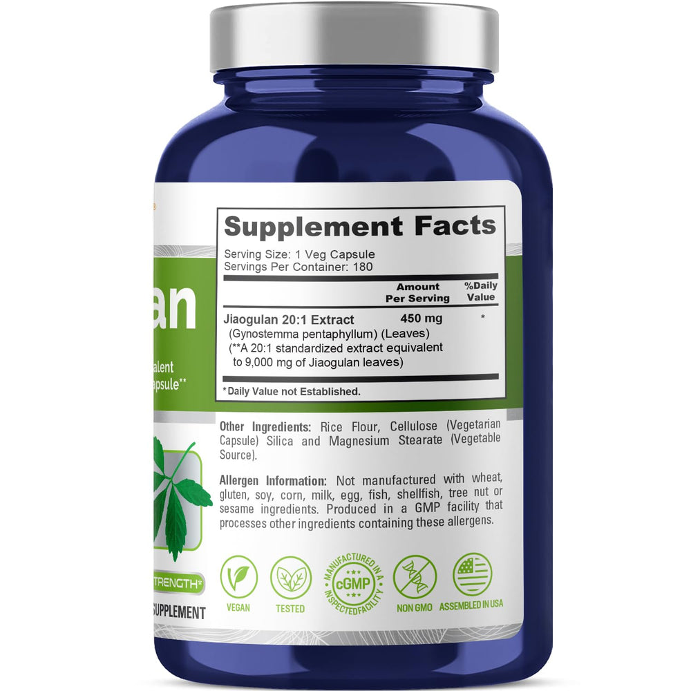 Jiaogulan 20:1 Extract, 450 mg Equivalent to 9,000mg 180 Veggie Capsules (Vegetarian, Non-GMO, Vegan) Gynostemma Pentaphyllum