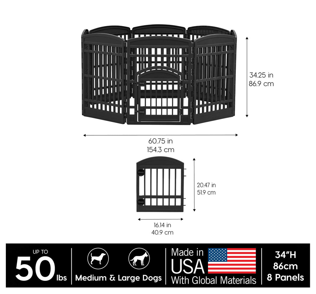 USA 34 8-Panel Pet Dog Puppy Playpen with Door, For Medium and Large Dogs, Keep Pets Secure, Easy Assemble, Fold It Down, Easy Storing, Customizable, Black