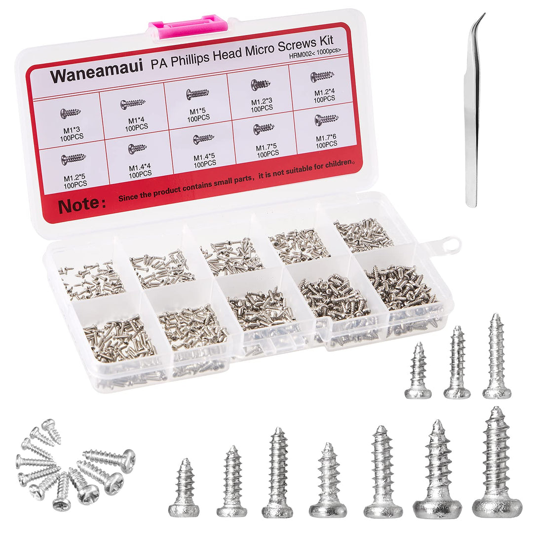 Carbon Steel Micro Eyelass Repair Screws Kit M1 M1.2 M1.4 M1.7 Tiny Phillips Round Head Watch Repair Screw , 1000 pcs Small Sunglass Self-Tapping Phillips Screws with Tweezers