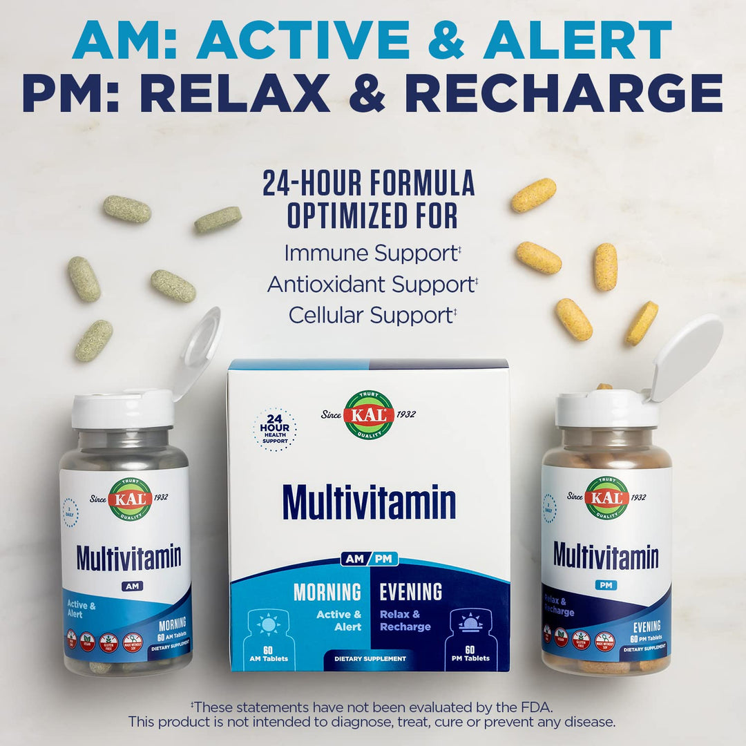 Multivitamin AM/PM, 2-in-1 Womens and Mens Multivitamins Supplements, Turmeric, Tart Cherry, Organic Matcha and Spirulina for Immune,and Cellular Support, Gluten Free, 30 Servings, 120 Tablets