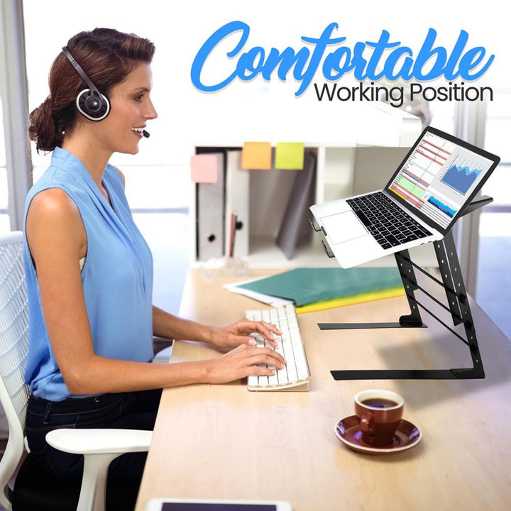 Portable Dual Laptop Stand - Standing Table with Adjustable Height, Ergonomic Design & Anti-Slip Prongs for DJ Mixer, Sound Equipment, Workstation, Gaming & Home Use - PLPTS38, Black