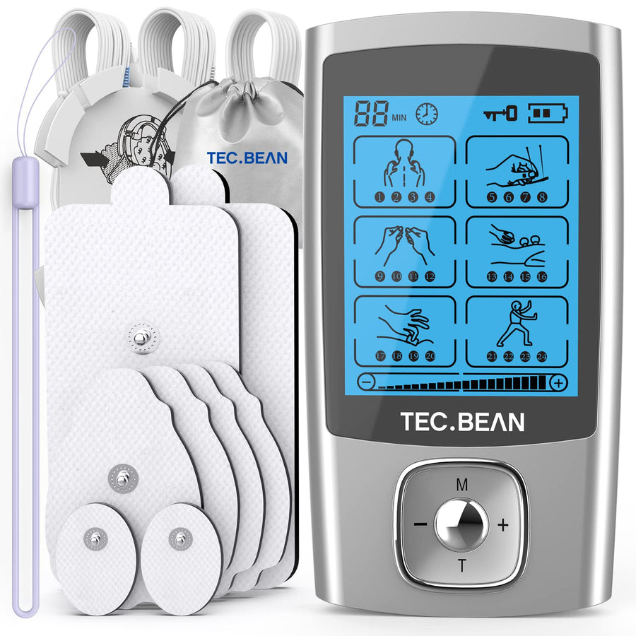 24 Modes Tens Unit Muscle Stimulator, Rechargeable Tens Machine with 8 Electrode Pads (American Gel), Electric Pulse Massager for Pain Relief Therapy
