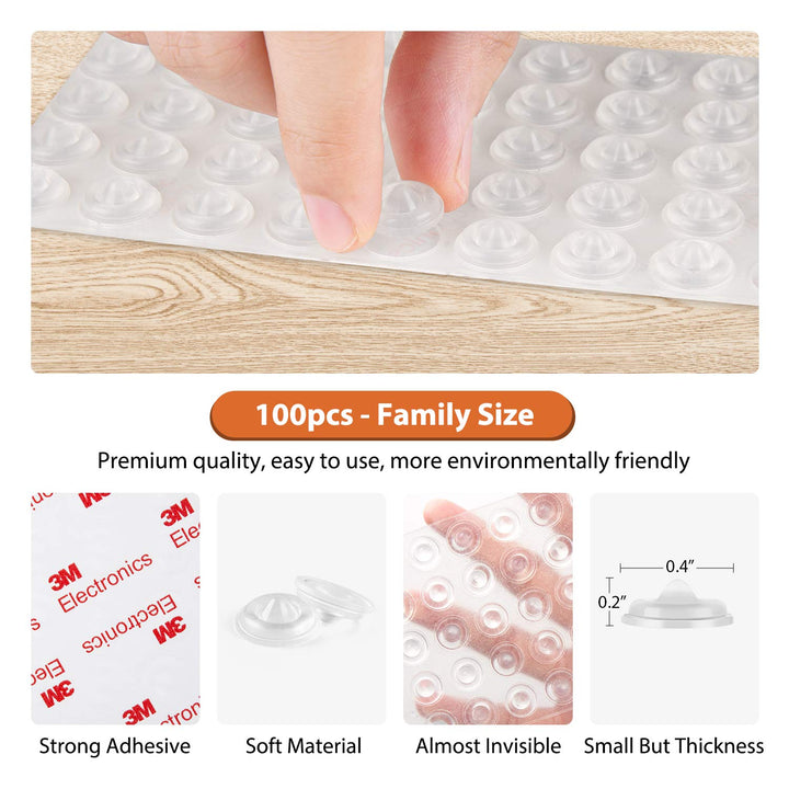 Cabinet Door Bumpers 100 PCS Rubber Bumpers, Sound Dampening Self Adhesive Bumper Pads, Circular Dots Double Buffer Clear Cabinet Bumpers, Cabinet Stoppers for Drawer, Picture Frames, Cutting Boards
