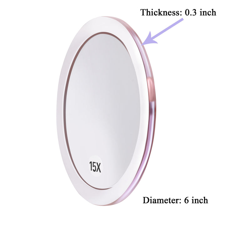 15X Magnifying Mirror - with 3 Mounting Suction Cups - Used for Precise Makeup - Eyebrows/Tweezing - Blackhead/Blemish Removal - Bathroom/Travel Makeup Mirror - 6 Inch Round (Rose Gold)