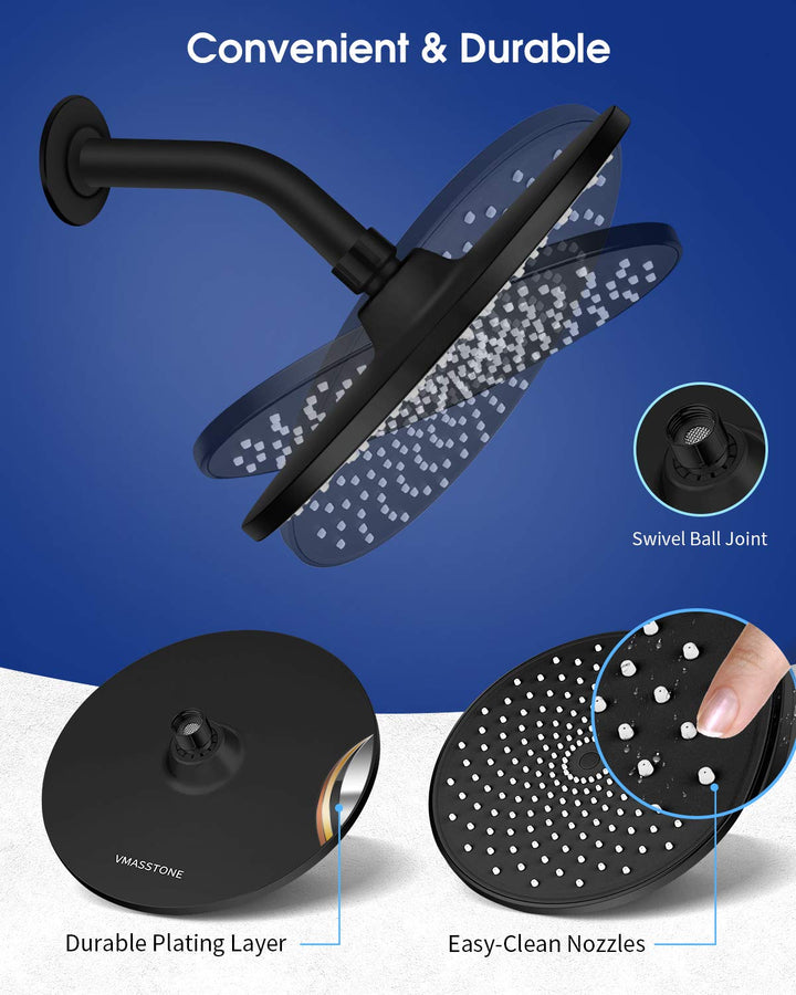 Rain Shower Head 9In High Pressure Showerhead - Tool Free Installation- with Large Spray Surfaces and 200 Nozzles for Delicate and Unstimulate Shower Experience (EM-001 Matte Black/Black)