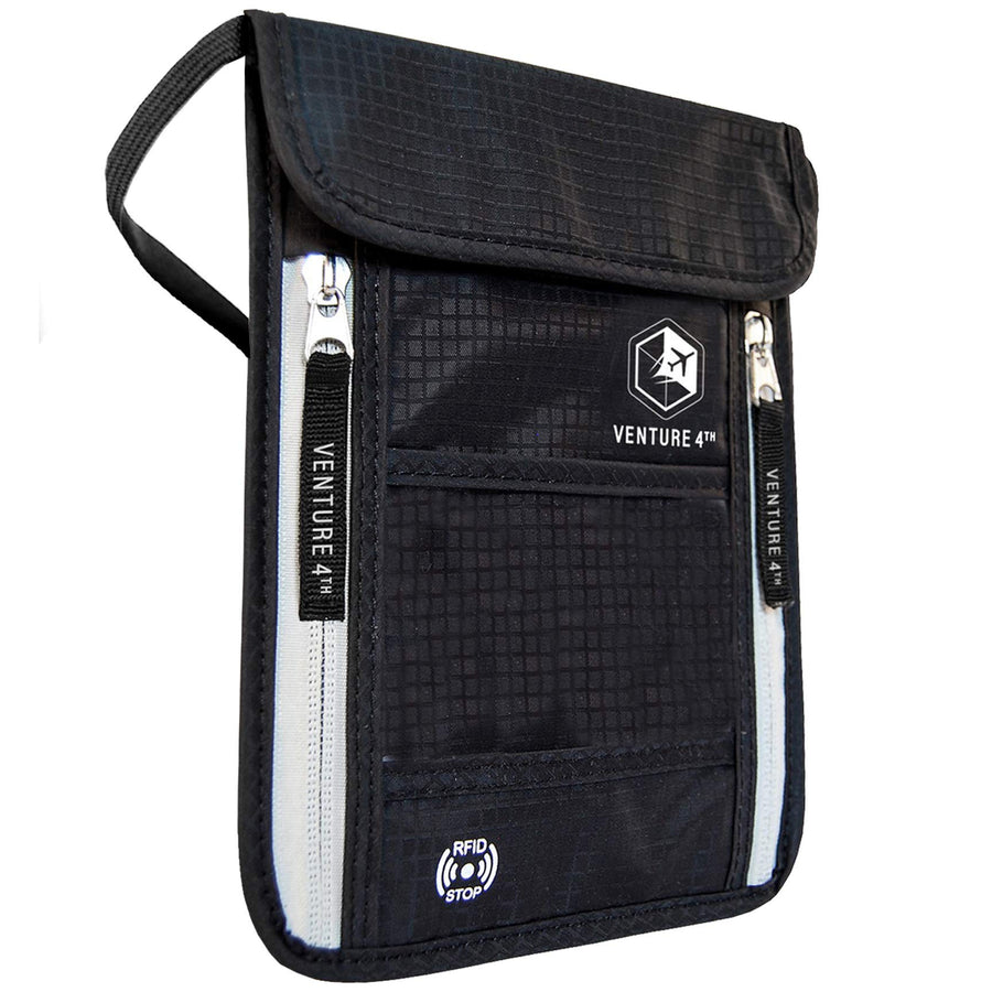 Passport Holder Neck Wallet with RFID Blocking Nylon Lining - Hidden Neck Pouch for Travel (Black)