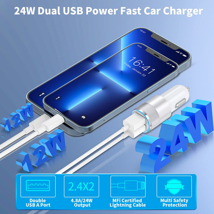 MFi CertifiediPhone Fast Car Charger, 4.8A Dual USB Power Car Charger Fast Charging Cigarette Lighter Adapter + 2Pack Lightning to USB Cable for iPhone 14 13 12 11 Pro/XS/XR/Mini/X/8/iPad