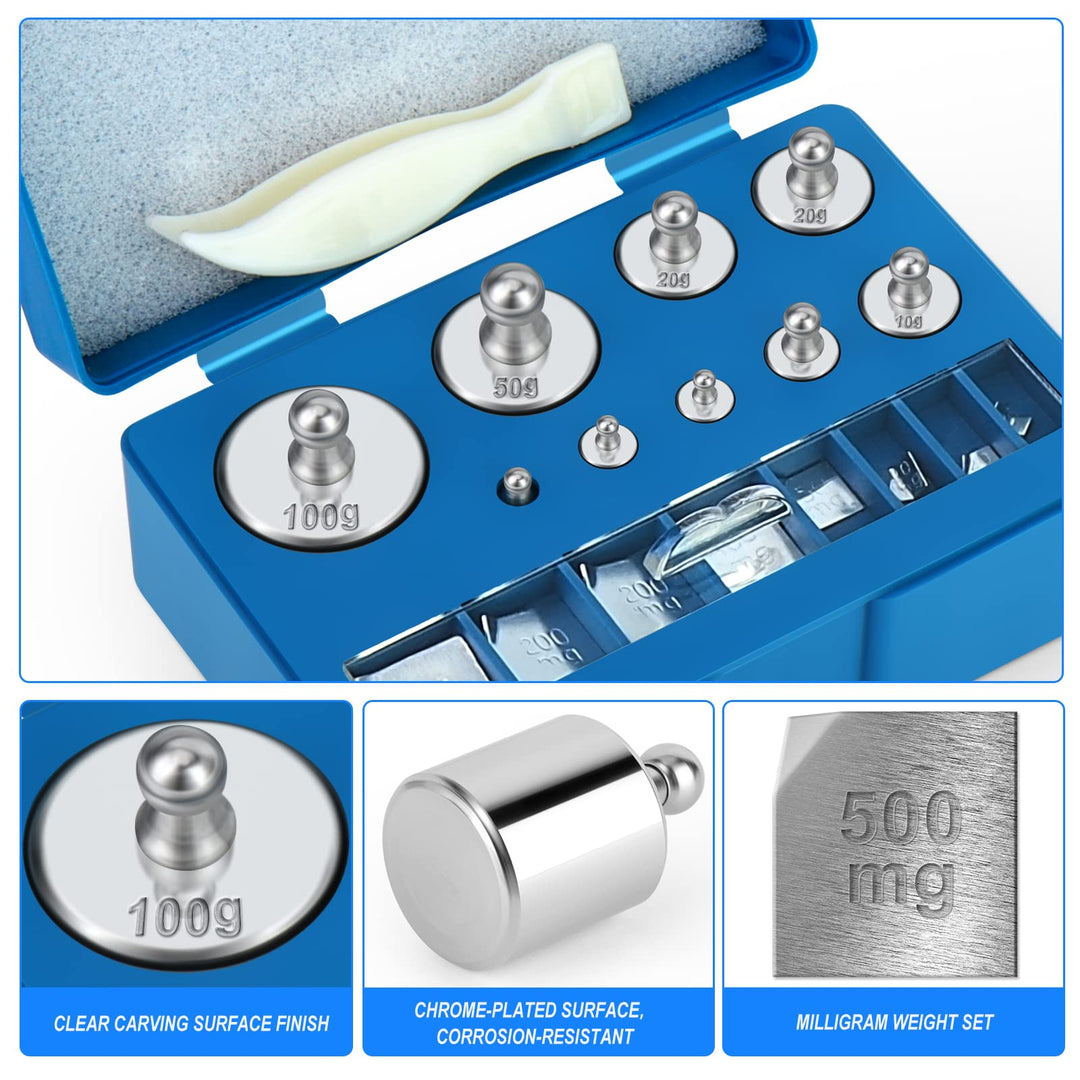 17 Pcs Scale Calibration Weight Kit, 10mg - 100g Precision Steel Calibration Weights, with Tweezers and Case for Digital Jewellery Scale Science Lab Weights Educational