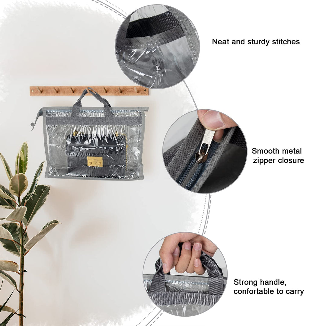 10Pcs Clear Handbag Storage Organizer Dust Cover Bags, 5 Sizes Transparent Purse Protector Storage Bag with Zipper and Handle for closet shelf - Dustproof & Moistureproof (Grey)