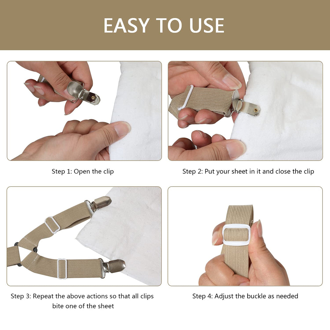 Bed Sheet Holder Straps Adjustable Elastic Band Fitted Bed Sheet Holder Fasteners Suspenders Clip Suit for Twin King & Queen Full Size Mattress (Beige 6 in 1 Belt with 12 Clips), Khaki