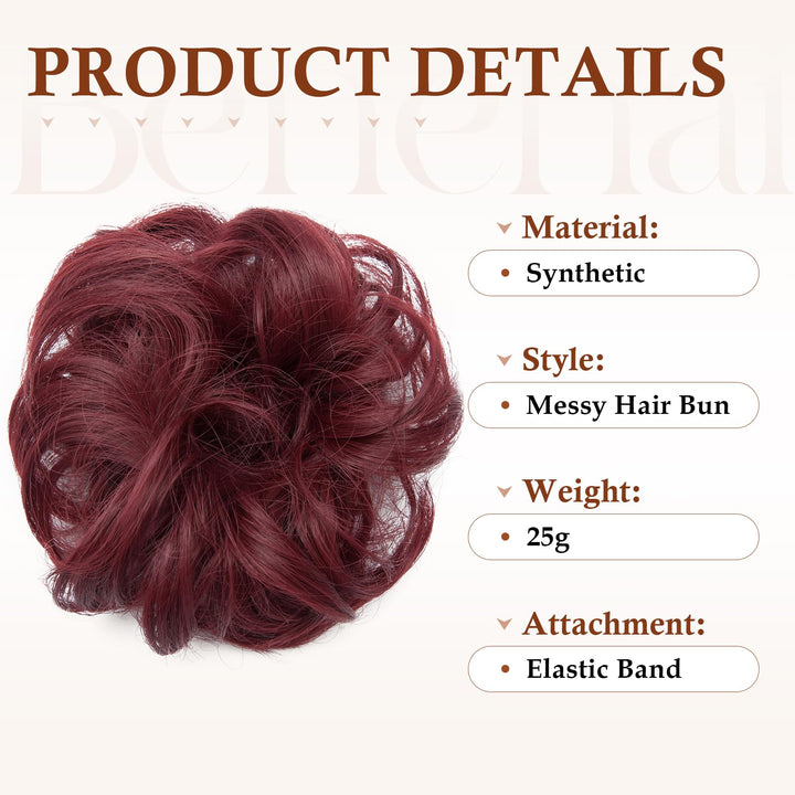 Messy Bun Hair Piece Scrunchy Updo Hair Pieces for Women Fluffy Wavy Hair Bun Scrunchies Donut Hairpiece Synthetic Chignons with Elastic Rubber Band Burgundy Red 1Pc