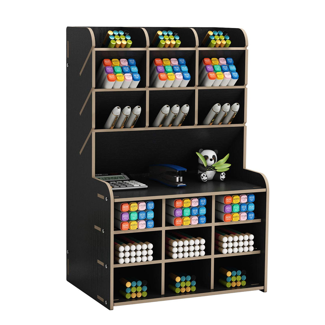 Upgraded Wooden Pencil Holder, Pen Organizer for Desk, Easy Assembly, Art Supply Organizer, Desktop Stationary Organizer Caddy (Black)