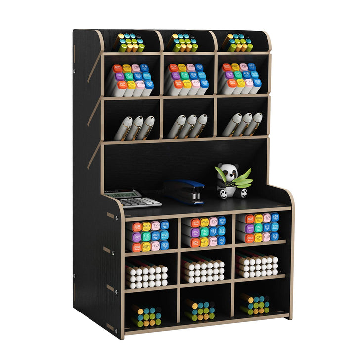 Upgraded Wooden Pencil Holder, Pen Organizer for Desk, Easy Assembly, Art Supply Organizer, Desktop Stationary Organizer Caddy (Black)